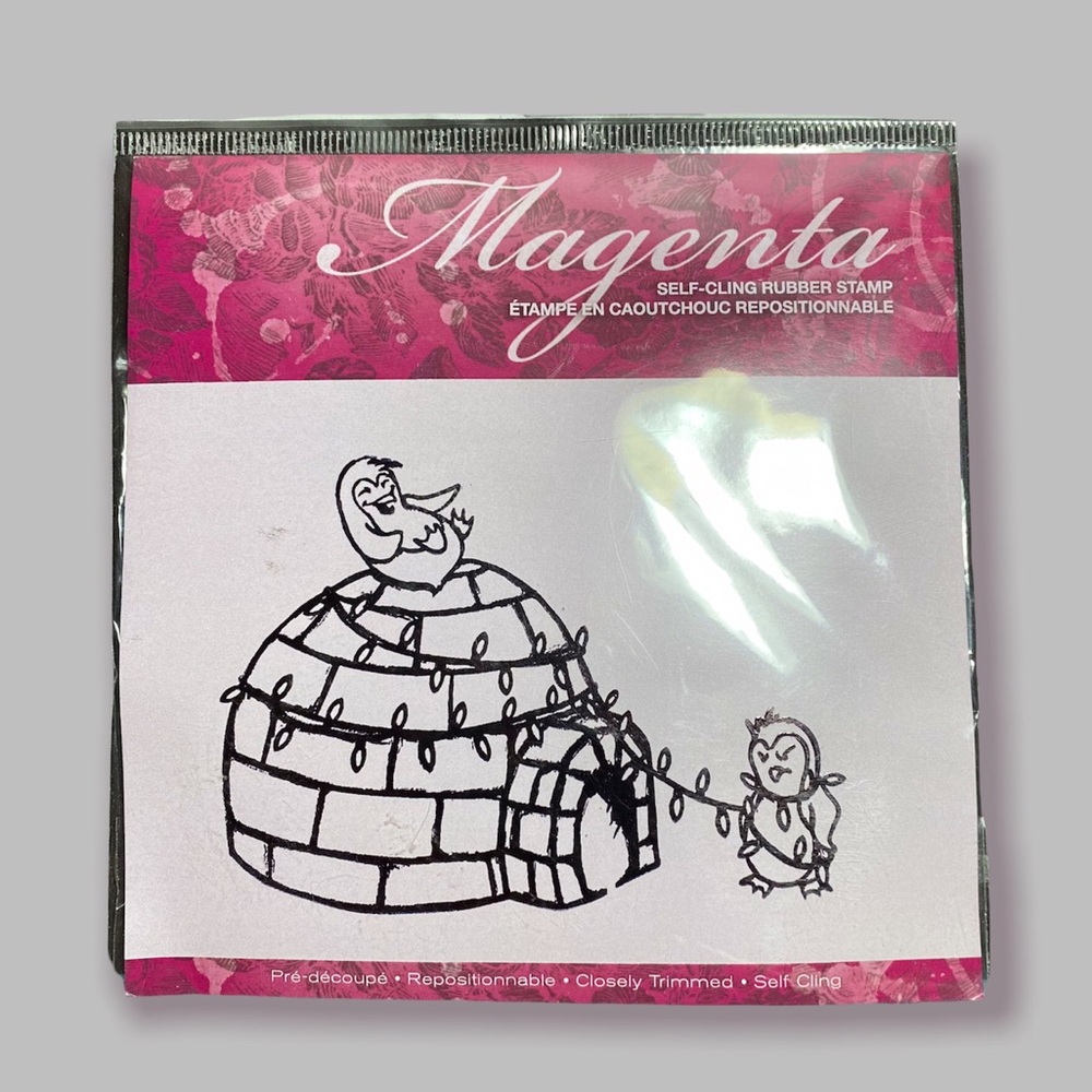 Magenta Christmas Igloo and Penguins Rubber Stamp